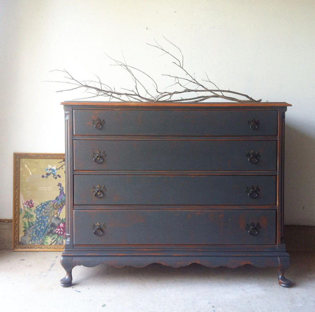 Solid Mahogany Dresser In Charcoal With Light Wood Top 0202 From