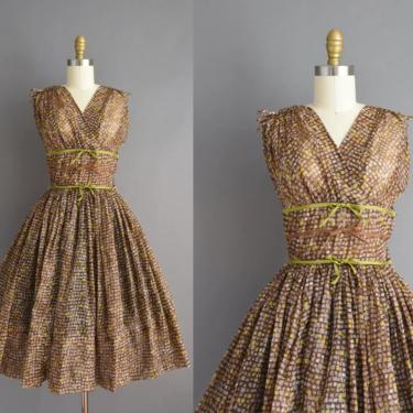 vintage 1950s dress | Justin McCarty Chartreuse & Brown Chiffon Full Skirt Party Dress | XS | 50s vintage dress 