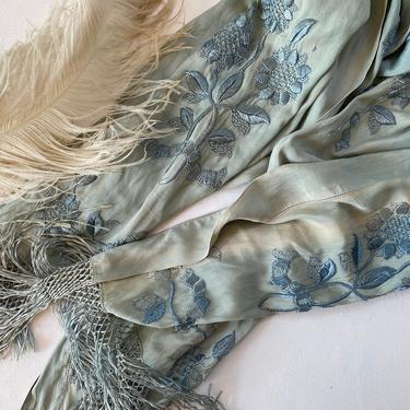 Antique Blue Green Silk Piano Shawl, Embroidered Floral Design, Long, Fringe, Please Read Condition, Prop, Wall Hanging 