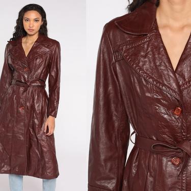 70s Leather Jacket wine Belted Trench Coat Long Button Up Notched Collar Boho Hippie Jacket 1970s Women's Spy Bohemian Seventies Small S 