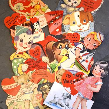 1940s & 1950s Valentines Set of 10 - USED Vintage Valentines - 5 with Moving Parts - 1 RARE Fold Open with Honeycombed Tissue Paper Ball 