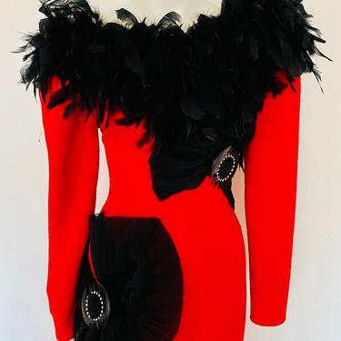 80s Vintage cocktail Dress, red marabou feather cocktail party dress, gala formal party dress size small 