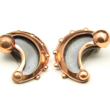 Vintage Copper Renoir Clip On Earrings Modernist 60s Half Moon Shadowbox Retro 