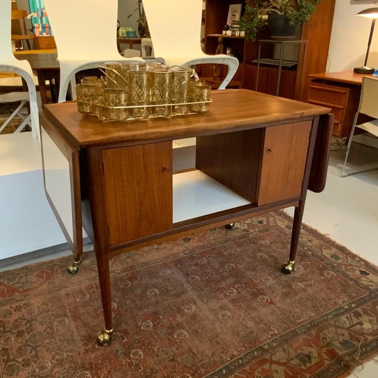 Danish Modern Teak Drop Leaf Rolling Bar Cart Cabinet