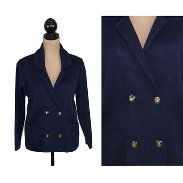 Double Breasted Navy Blue Cardigan with Gold Buttons & Patch Pockets, Wool Blend Knit Sweater Jacket, Women Vintage Clothes Made in Italy 