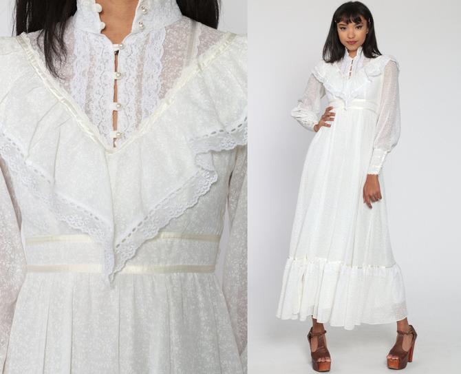 Gunne Sax Dress 70s White Maxi Prairie Dress Floral Calico
