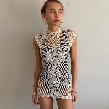 90s crochet coverup / vintage hand knit natural oatmeal sheer silky crochet sleeveless top blouse coverup | S 
