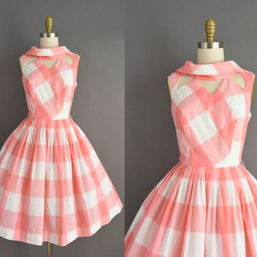 vintage 1950s dress | Adorable Pink &amp; White Bold Gingham Full Skirt SABA Dress | XS Small | 50s vintage dress 