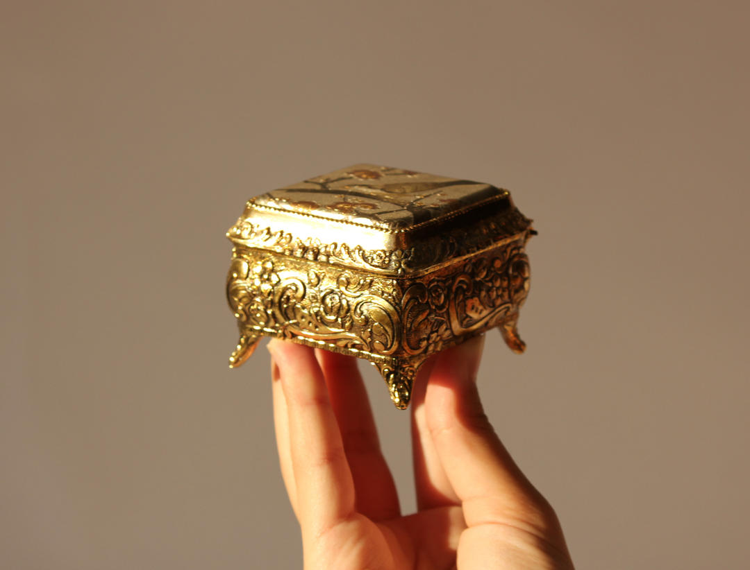 Vintage Brass Keepsake Music Box with Engraved Sparrow and Cherry The