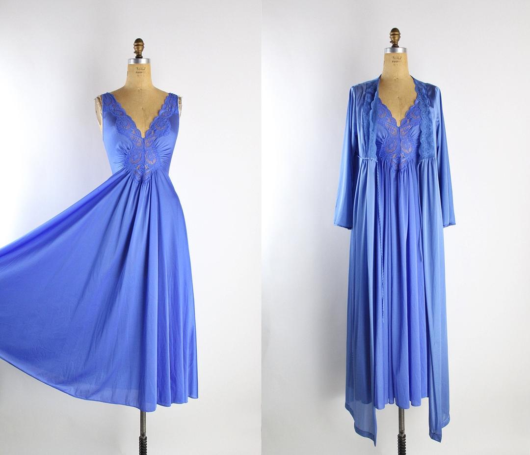 70s Olga Blue Lace Nightgown Peignoir Set / Olga Slip dress / | Parasol ...