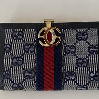 Gucci, Bags, Vintage Gucci Gg Kiss Lock Coin Purse Wallet Monogram Navy