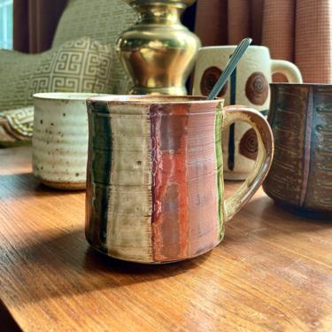 Vintage Ceramic Pottery Mug - Striped, Rust Olive Mustard Yellow Toffee Brown, Rustic, 1970s, 