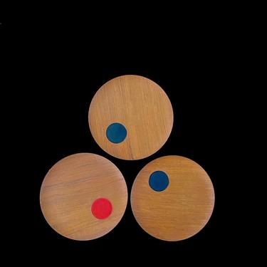 Vintage Mid century Modern Lot of 3 CORONET Teak Wood Plates with Modernist Asymmetrical Circle Cutout JAPAN 1960s 1970s 