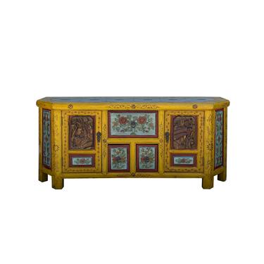 Chinese Distressed Yellow Blue People Motif TV Console Table Cabinet cs6102E 