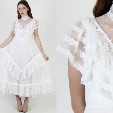 Vintage 70s Swiss Dot Wedding Dress / Sheer White Floral Lace Maxi Dress / High Collar Solid Bridal Dress / Victorian Inspired Long Dress 