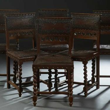 Antique Louis XV Style Embossed Leather Walnut Dining Side Chair 