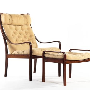 Mid Century Modern Bentwood Lounge Chair w/ Ottoman in Rosewood and Original Fabric made in Denmark 