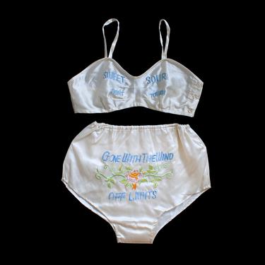 RARE 1940s WWII Lingerie Set / 40s Novelty Satin Bra Panties / Embroidered  Risque Souvenir Lingerie / Sweet Sour Dont Touch 