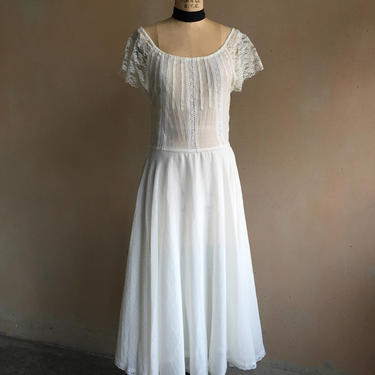 Vintage 70s Sheer Lace & Linen Cotton Gauze Dress 