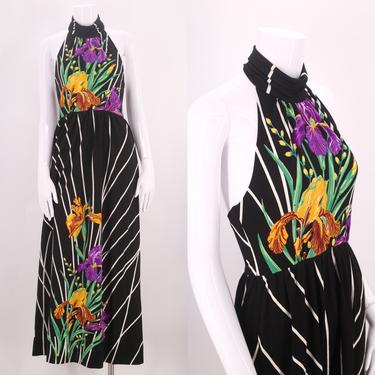 70s FRANCESCA DAMON  print disco dress S / vintage 1970s black orchid print poly halter maxi gown size 6 