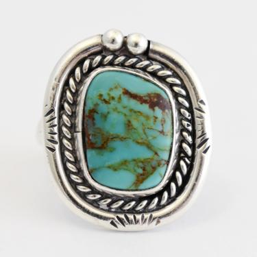 70's Southwestern turquoise sterling size 6.75 rocker ring, asymmetrical 925 silver brown matrix turquoise tribal solitaire 
