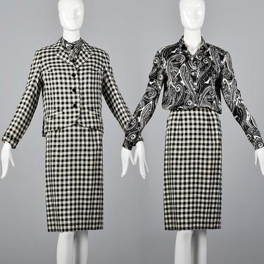 XXS Rudi Gernreich Skirt Suit Black & White Check 1960s Separates Silk Blouse 