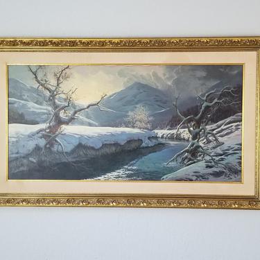 1980s Large Andro Original Winter Landscape Oil on Canvas Painting. 