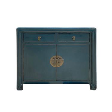 Distressed Teal Blue Lacquer Scroll Legs Oriental Mid Side Table Cabinet cs6931E 