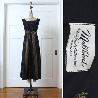 vintage 1960s polished cotton maxi dress • black &amp; gold Malihini Hawaiian dress 