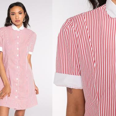 Red Striped Dress Candy Striper Uniform Button Up Dress 80s Mini PUFF SLEEVE Dress Peter pan collar 1980s Vintage Shift White Extra Small xs 