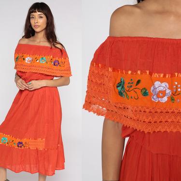 Off Shoulder Dress Orange Mexican Dress Embroidered Lace Peasant Dress Sundress Hippie Bohemian High Waist Vintage Medium 