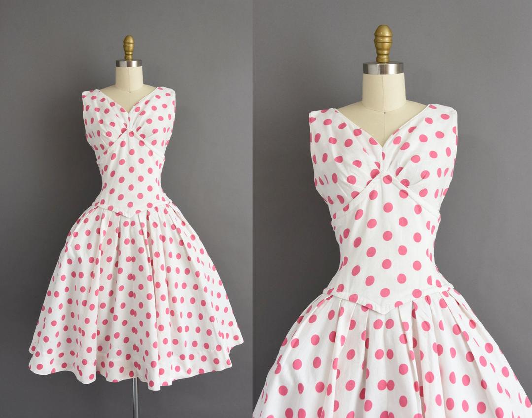 1950s vintage dress Gorgeous White Cotton Pink Polka Dot Sweeping Simplicity is Bliss Long Beach CA