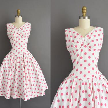 1950s vintage dress | Gorgeous White Cotton Pink Polka Dot Sweeping Full Skirt Summer Dress | Medium | 50s dress 