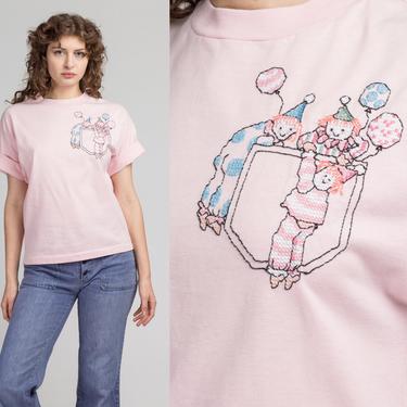 90s Baby Clowns &amp; Balloons Graphic Tee - Large | Vintage Baby Pink Cropped T Shirt 