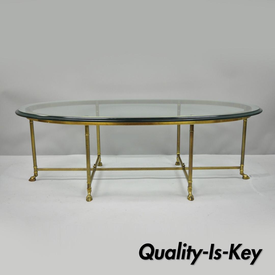 Labarge Brass & Glass Oval Italian Coffee Table Hoof Feet Hollywood
