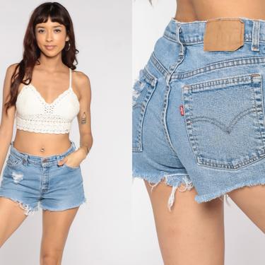 90s Levis Shorts Cut Off Shorts High Waisted Light Blue Shorts Levi Cutoff Jean FRAYED Ripped High Waist Cutoffs 1990s Small Medium 