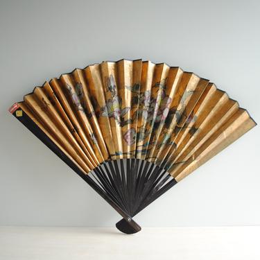 Vintage Large Chinese Hand Fan in Gold with Painted Flowers and Butterflies, Oriental Souvenir Fan 