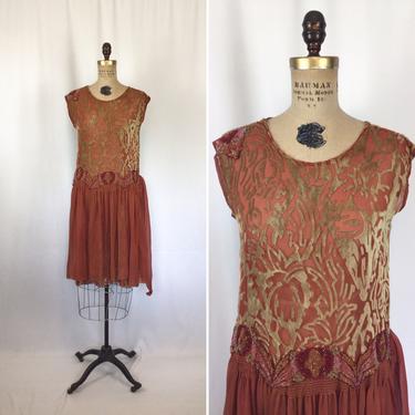 Vintage 20s Dress | Vintage orange cut velvet floral beaded dress | 1920's beaded silk velvet flapper dress 