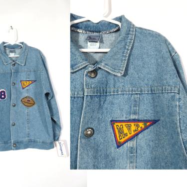 Vintage 90s Kids Deadstock Buster Brown Snap Button Denim Jacket With Football Patches Made In USA Size 7 