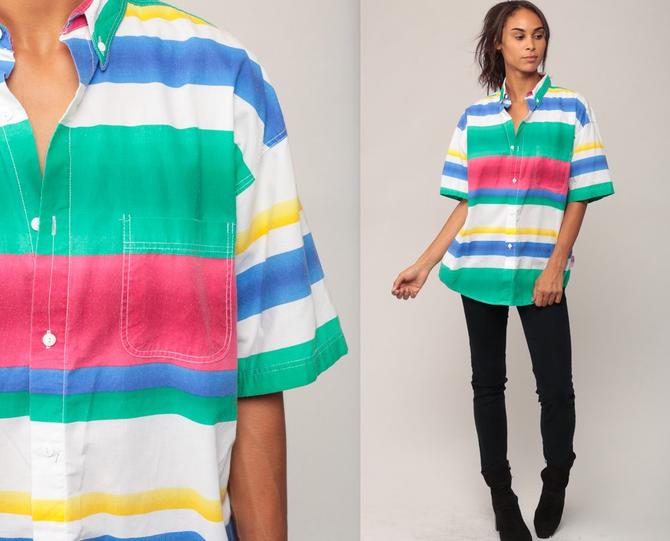 Striped Shirt 90s Bugle Boy Shirt Oversized Oxford Pocket Shirt Cotton Vintage Short Sleeve Button Up Boyfriend Green Blue Pink Extra Large By Shopexile From Shop Exile Of Los Angeles Ca