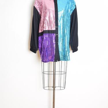vintage 80s shirt sparkly foil sequin mondrian color block geometric blouse top XXL black pastel clothing plus size 