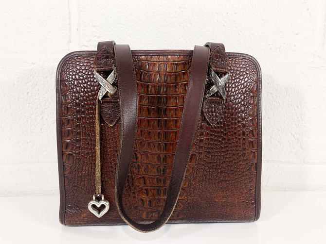 Brighton Brown Faux Crocodile Leather Shoulder Bag Purse Silver