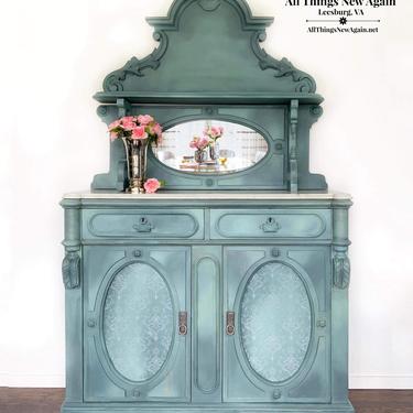 Victorian Buffet Sideboard | Antique Sideboard Painted | Vintage Duck Egg Blue Buffet Sideboard | Fancy Ornate Buffet China Cabinet | Hutch 