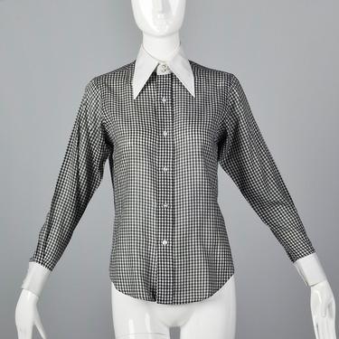 Small Black and White Gingham Blouse Vintage 70s Top Long Sleeve Button Up Shirt Pointed Collar 