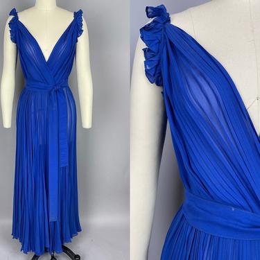 1930s Sheer Cobalt Blue Gown | Vintage 30s 40s Pleated Chiffon Dress with Belt | medium / large 