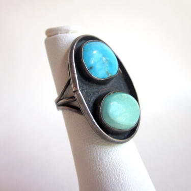 Vintage Sterling Silver and Turquoise Modernist Style Two Stone Oblong Ring with Bright Aqua and Robin's Egg Blue Turquoise Natural Stones 