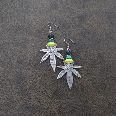 Hemp leaf earrings, marijuana earrings, etched earrings, antiqued silver earrings, rustic boho bohemian earrings, unique earrings, cannabis 