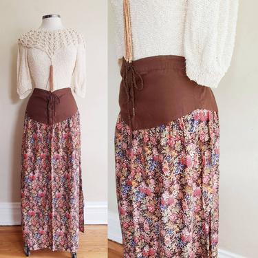 1970s Brown Floral Print Maxi Skirt Corset Waist Lace Prairie Style / 70s Maxi Skirt Midopa Korea Cottagecore  / L or XL Plus Size 