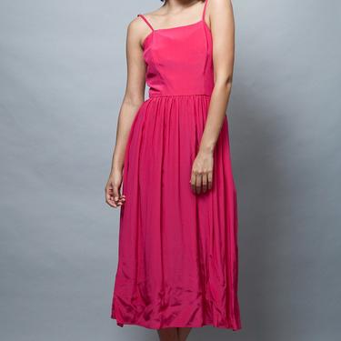 pink sun dress, fuschia dress, shoulder straps midi vintage 70s dress XS S extra small / small 