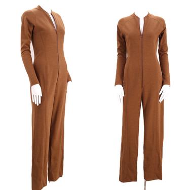 80s 90s GEOFFREY BEENE knit jumpsuit / vintage 1990s tobacco brown zip front one piece romper onesie 1980s sz 6- 8 M 